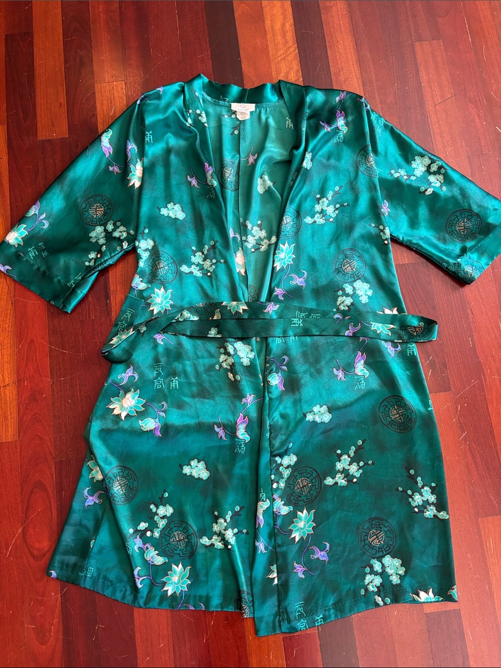 Undercover Wear Teal Satin Floral-Accent Kimono